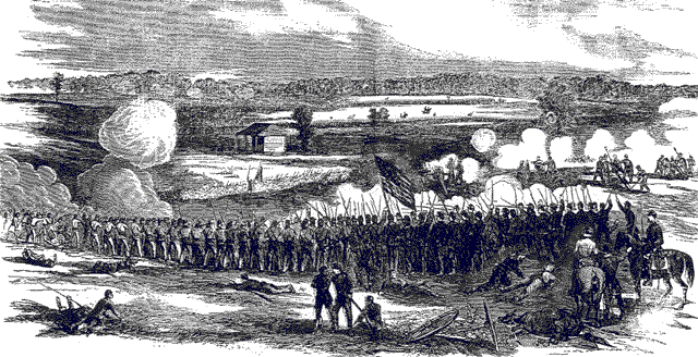 Pen & ink drawing by H. Mosler of 80th Indiana at Battle of Perryville (Chaplin Hills) Kentucky on October 8, 1862.  Shows 80th in foreground, supporting the 19th Indiana Light Artillery on right in middle ground and the attack of Confederate forces commanded by Major General Bejamin Cheatham in center middle ground.  Illustration first published in Harper's Weekly on November 1, 1862.