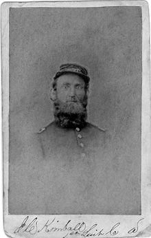 Black and white photo of Jesse C. Kimball in uniform as 1st Lieutenant of Company A, 80th Indiana Volunteer Infantry Regiment, circa late 1862, enhanced image.