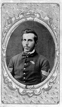 Black and white photo of Enos H. Kirk in uniform as 1st Sergeant of Comapny E, 80th Indiana Volunteer Infantry Regiment, circa 1862-1864, enhanced image.