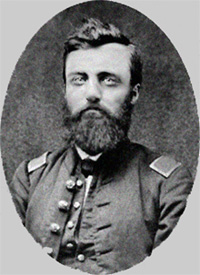 Black and white photo of James S. Morgan in uniform as 2nd Lieutenant of Company E, 80th Indiana Volunteer Infantry Regiment, circa 1862-1864, enhanced image.