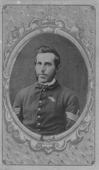 Black and white photo of Enos H. Kirk in uniform as 1st Sergeant of Company E, 80th Indiana Volunteer Infantry Regiment, circa 1862-1864, original image.