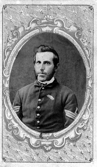 Black and white photo of Enos H. Kirk in uniform as 1st Sergeant of Company E, 80th Indiana Volunteer Infantry Regiment, circa 1862-1864, restored image.