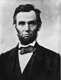 Black and white photograph of President Abraham Lincoln, taken circa 1863